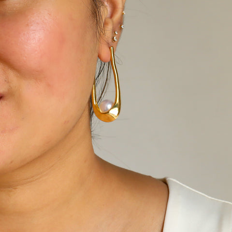 U Shaped Pearl 18K Gold Plated Hoops