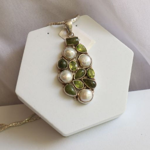 Oasis Vintage Pearl Peridot Pyrite Necklace