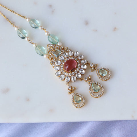 Maharani Gayatri Devi Necklace in Green Amethyst, Pearls and Moissanite
