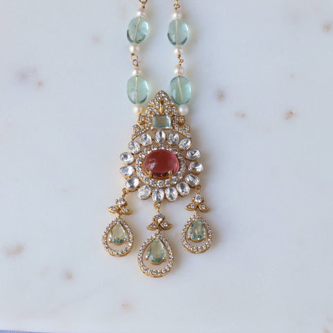 Maharani Gayatri Devi Necklace in Green Amethyst, Pearls and Moissanite
