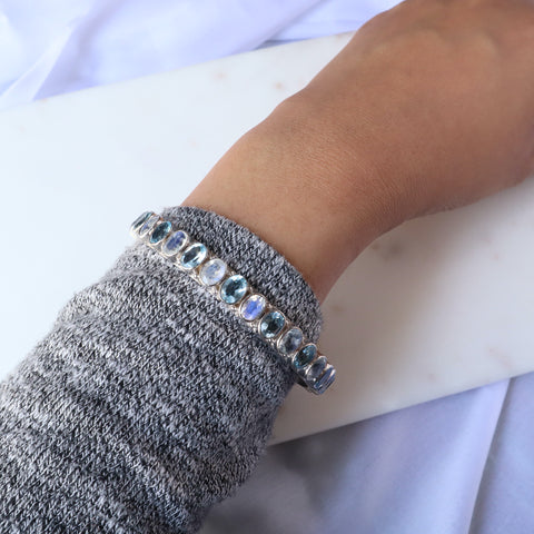 Celestial Rainbow Moonstone and Blue Topaz Bangle