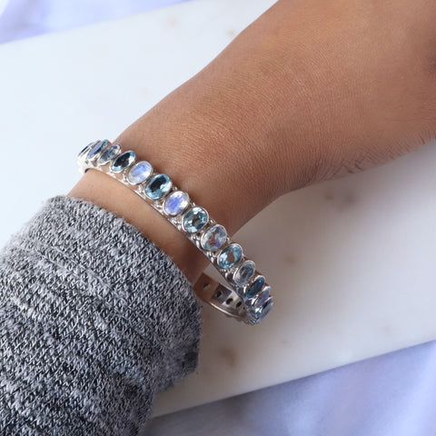 Celestial Rainbow Moonstone and Blue Topaz Bangle