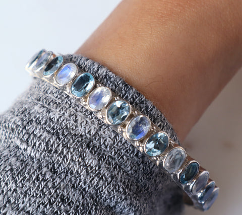 Celestial Rainbow Moonstone and Blue Topaz Bangle