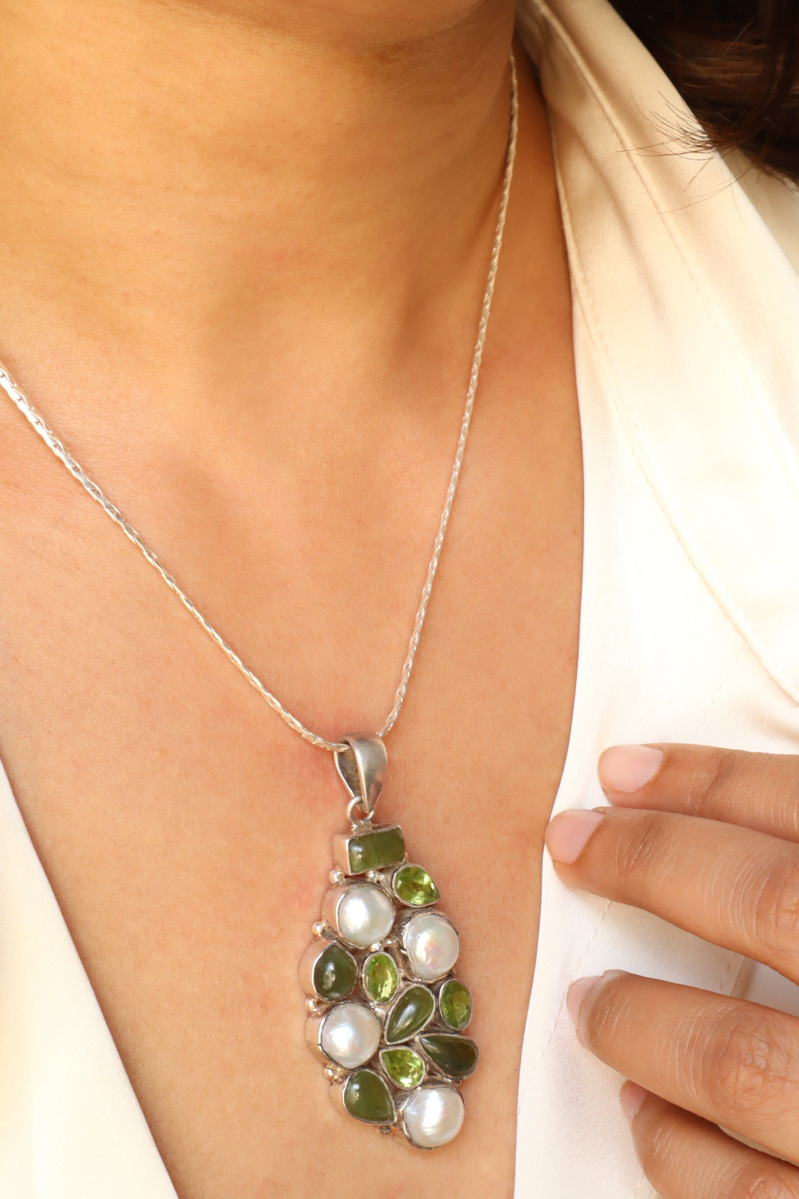 Oasis Vintage Pearl Peridot Pyrite Necklace