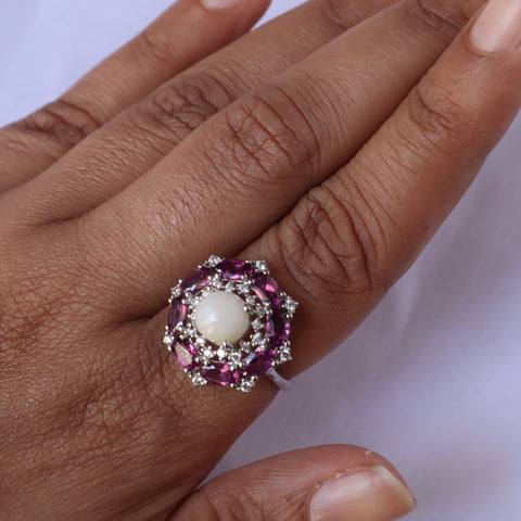 Gaya Rhodolite Garnet and Opal Ring