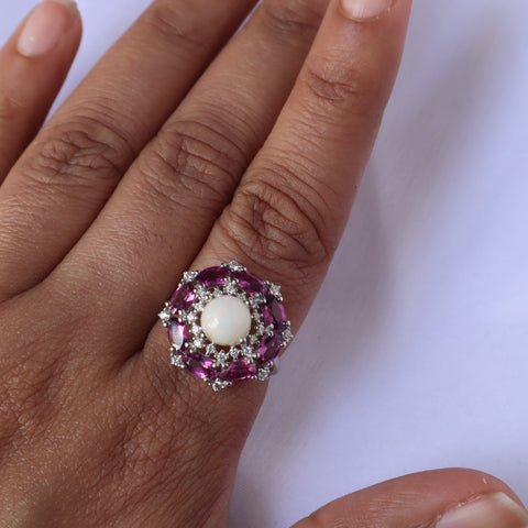 Gaya Rhodolite Garnet and Opal Ring