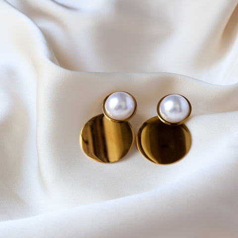 Big Disc with Pearl 18K Gold Plated Earrings