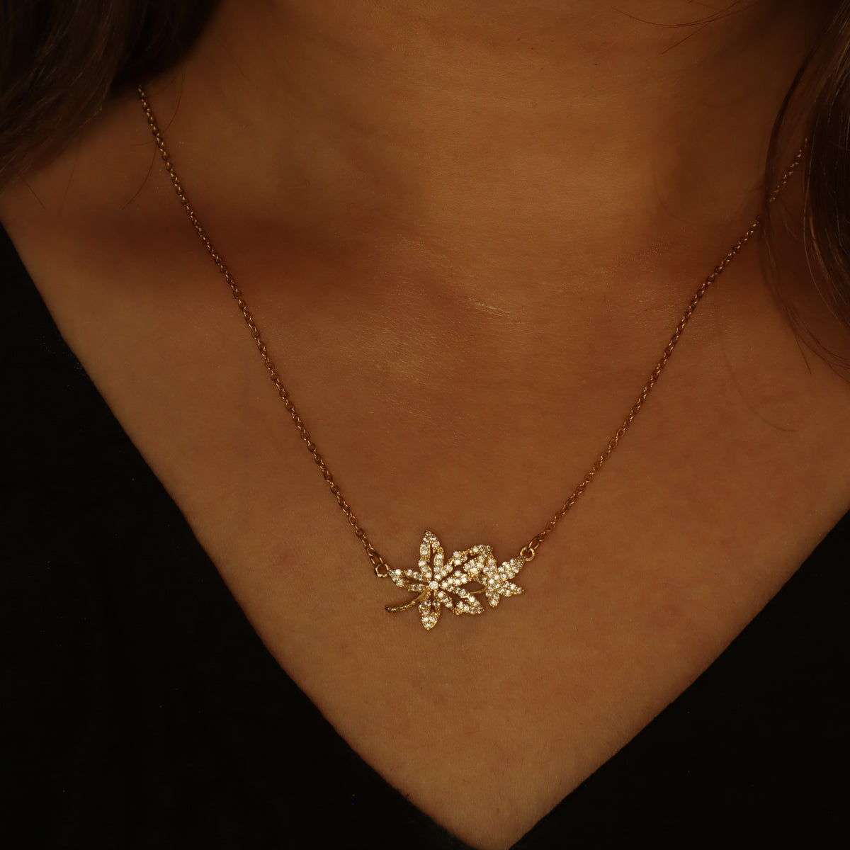 Spring Leaf Studded 18K Gold Plated Necklace