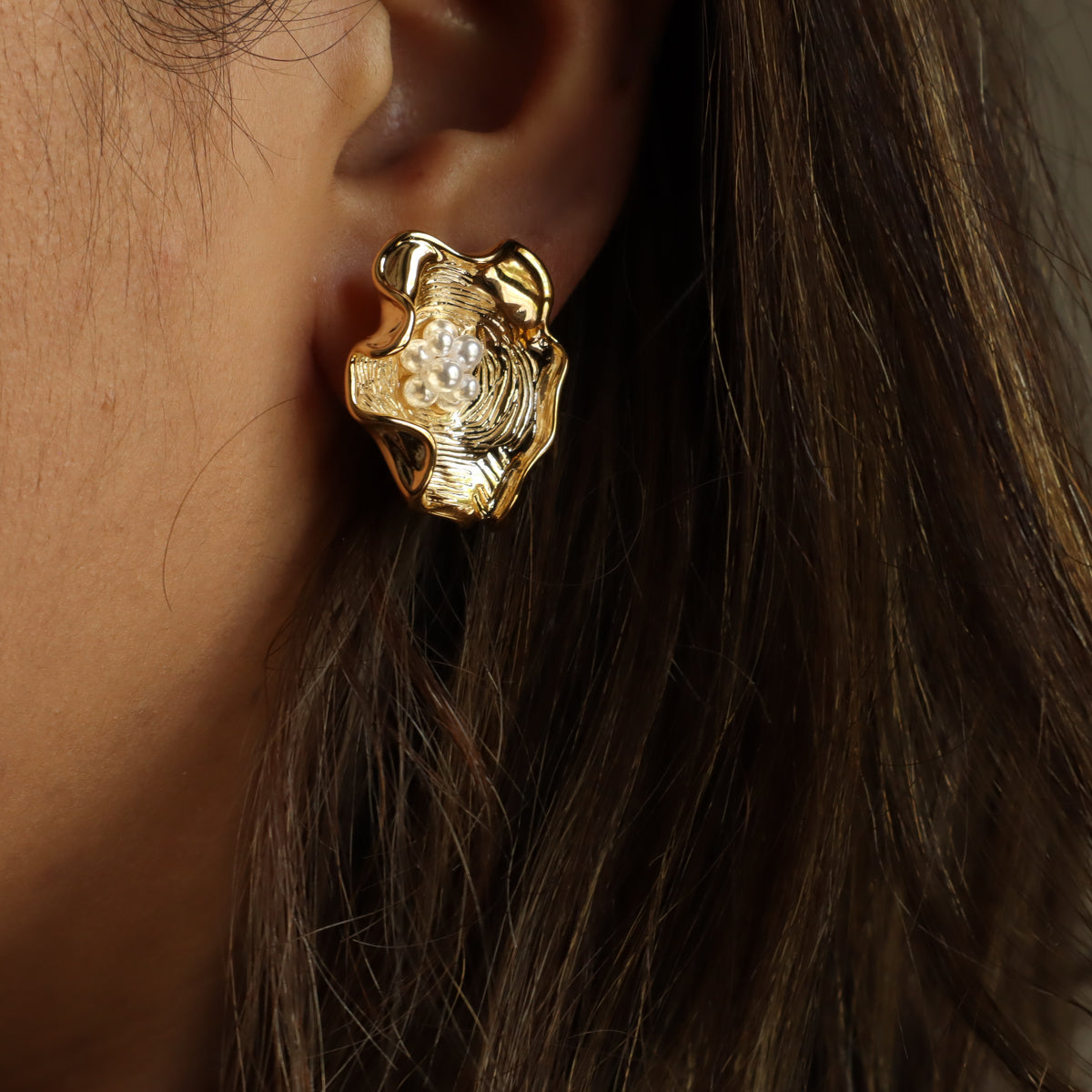 Big Pearl Peony 18K Gold Plated Earrings
