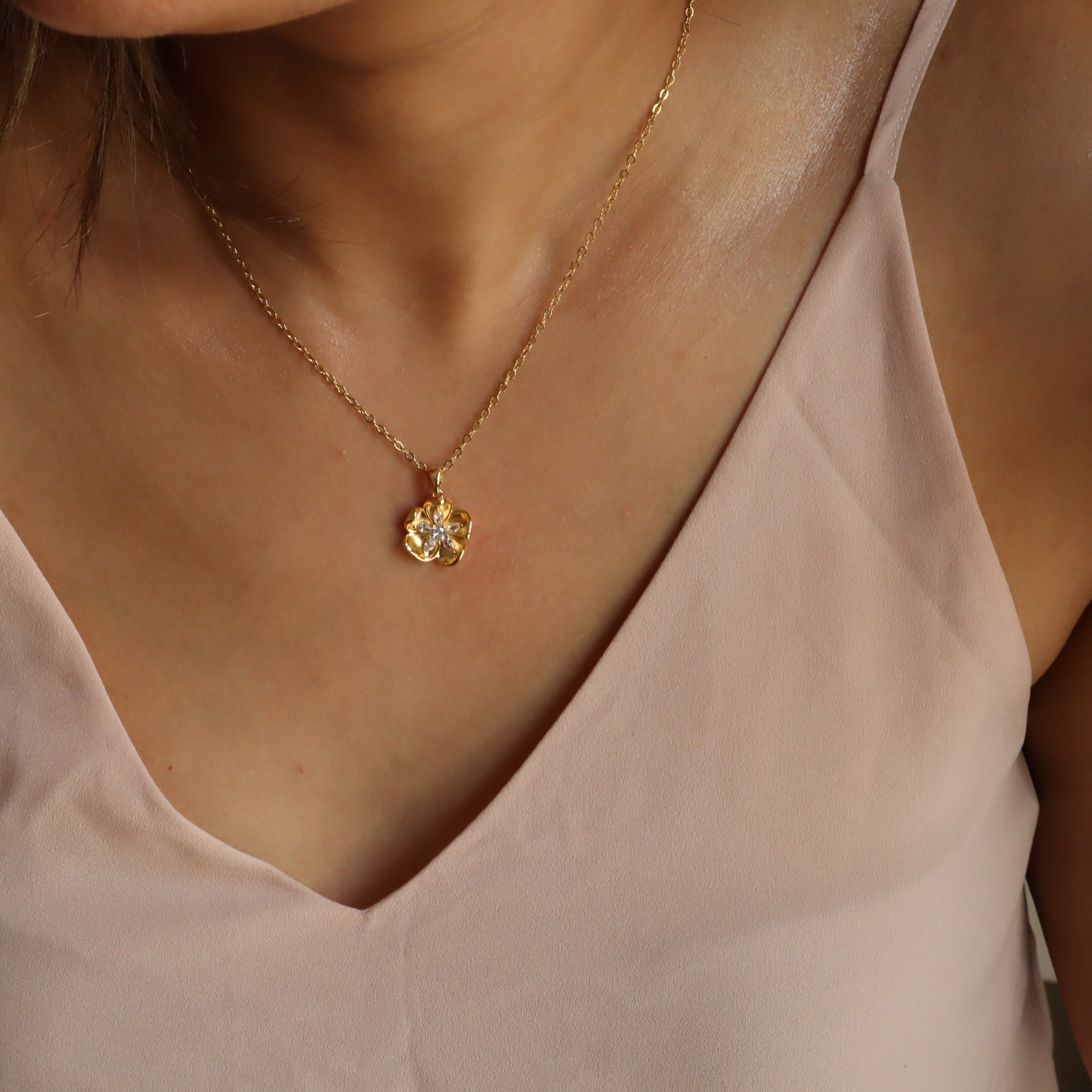 Peony Studded 18K Gold Plated Necklace