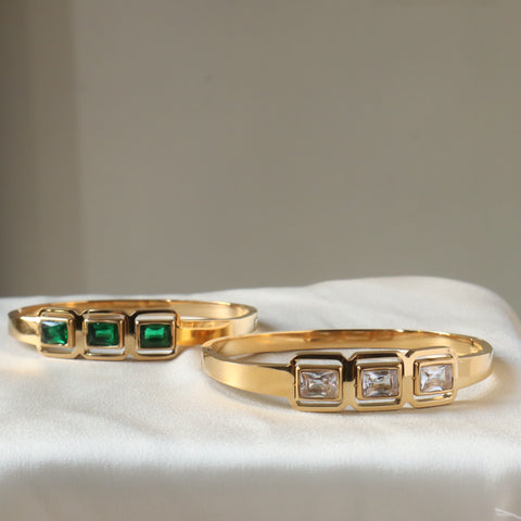 Three Stone Baguette 18K Gold Plated Bangle