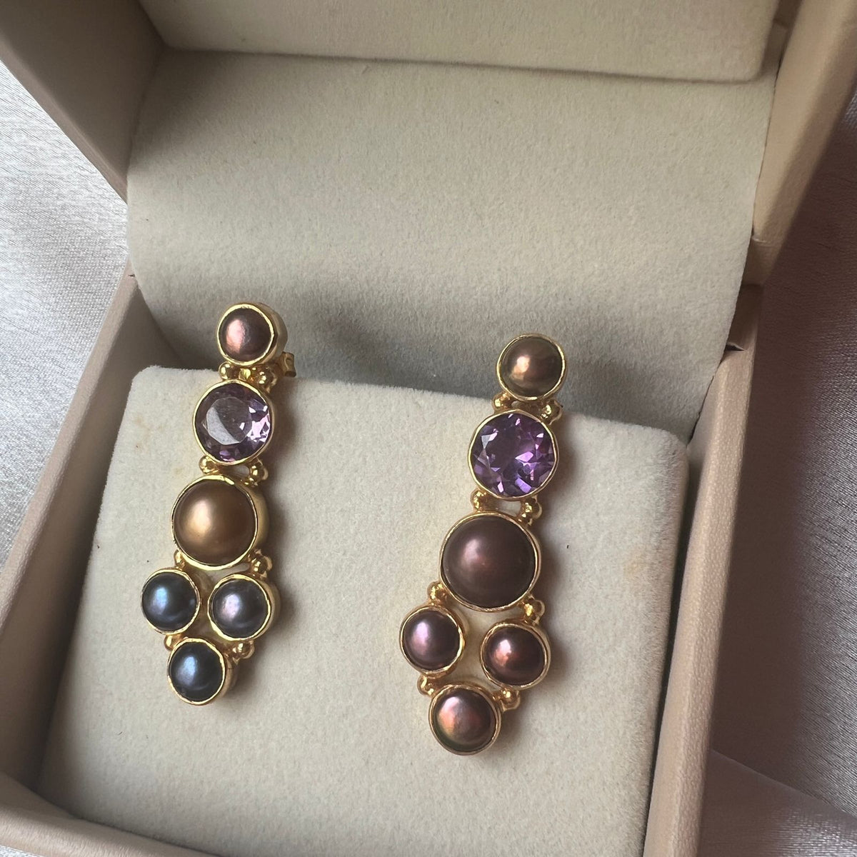 hathor amethyst and pearl earrings